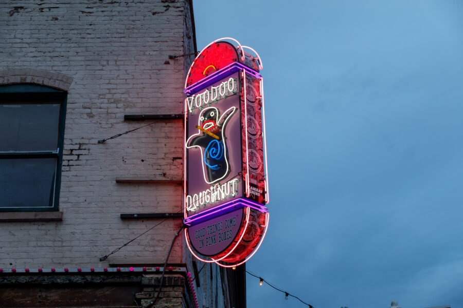 Portland, Oregon - Sep 16, 2018 : Sign outside of the original Voodoo Doughnuts on 3rd Avenue in downtown Portland