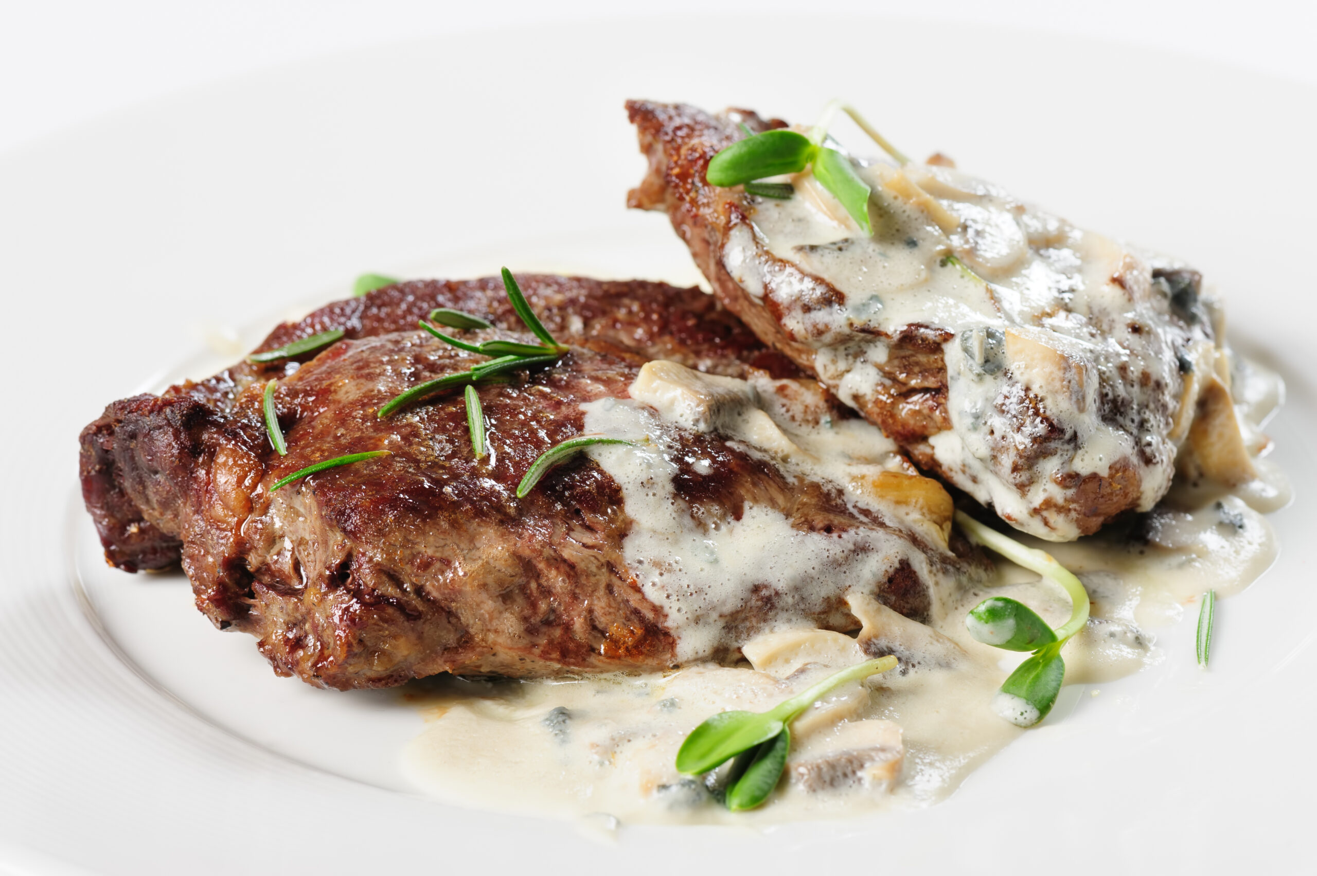 roasted beef steaks with rosemary under white sauce, served on plate