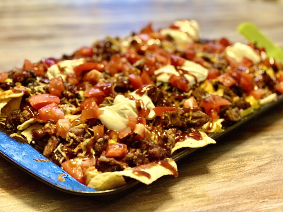 Sheet of brisket nachos.