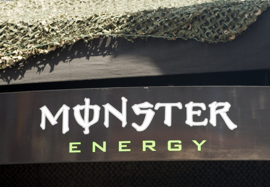 The Monster Energy Drink Logo on display at a stand at the North By NorthEast (NXNE) festival at Yonge-Dundas Square in Toronto.  