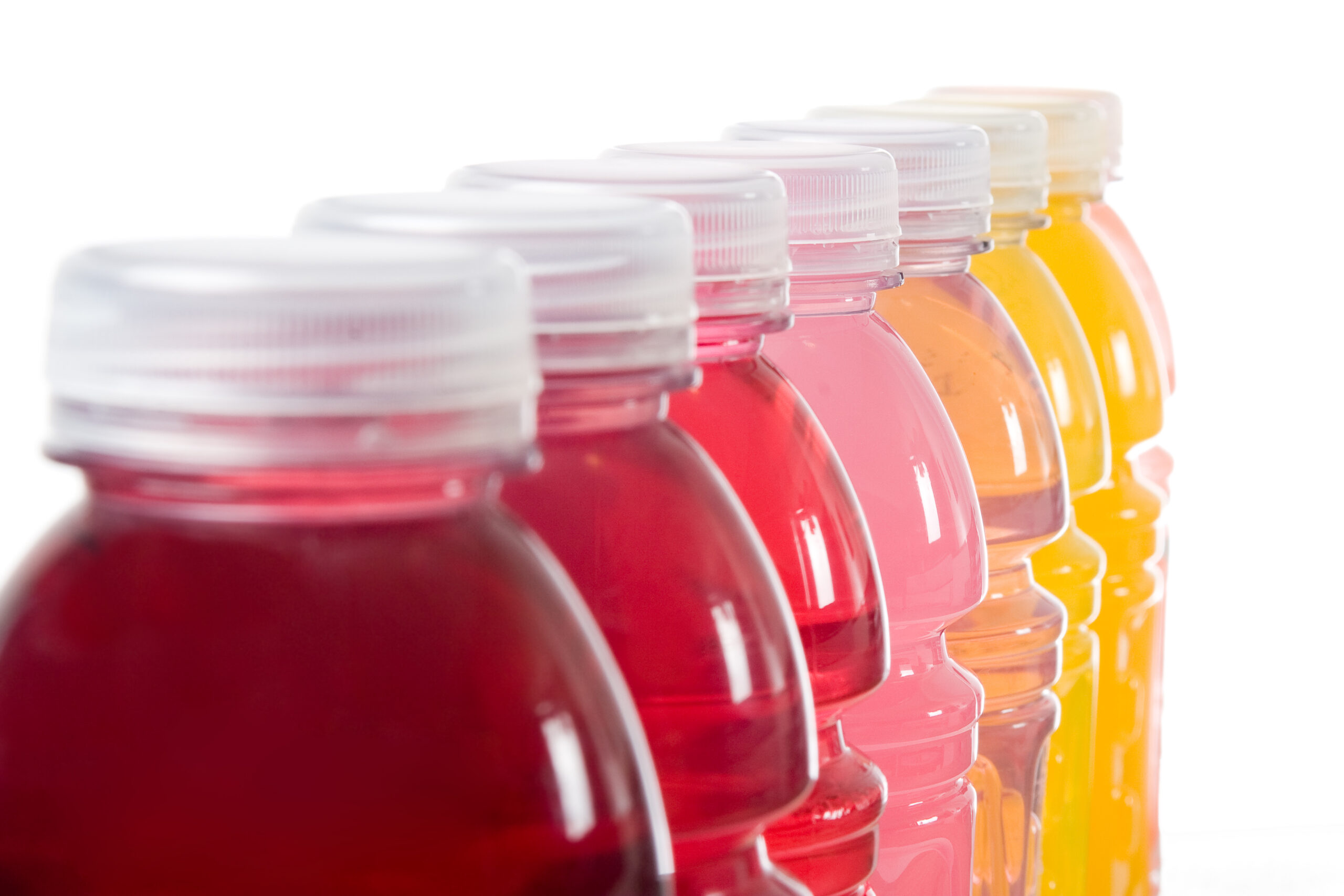 Various colored nutrition drinks lined up