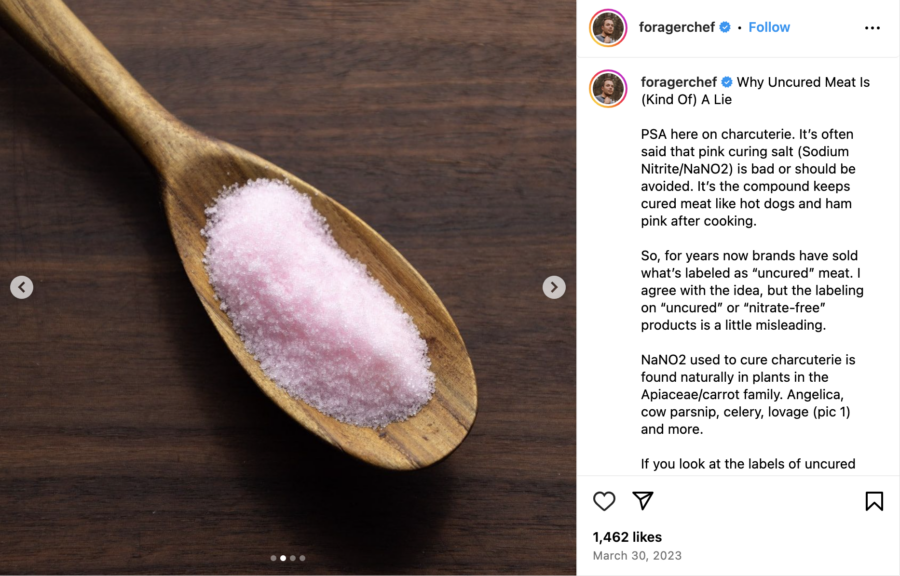 A picture of a spoonful of pink curing salt. Posted by Instagram user @foragerchef.