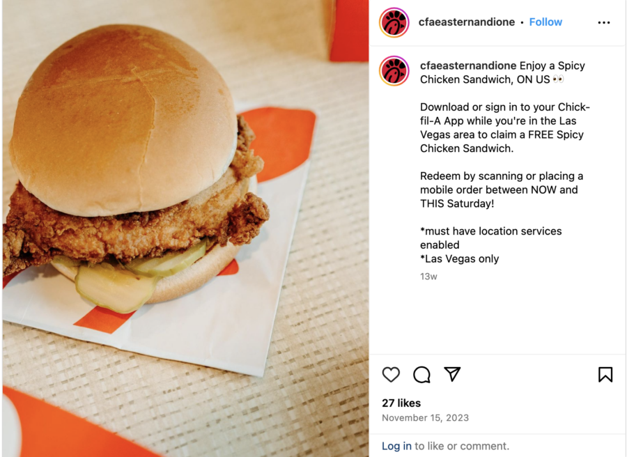 Instagram post of Chick-fil-A spicy chicken sandwich, by @cfaeasternandione