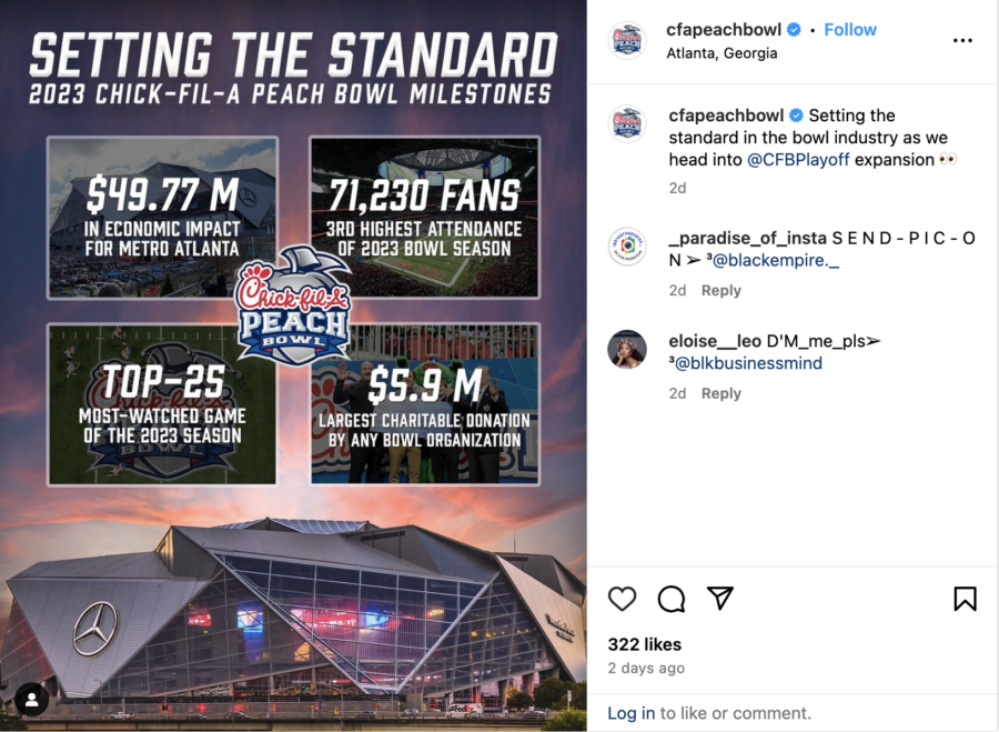 Instagram post showing Chick-fil-A Peach Bowl 2023 milestones, by @cfapeachbowl