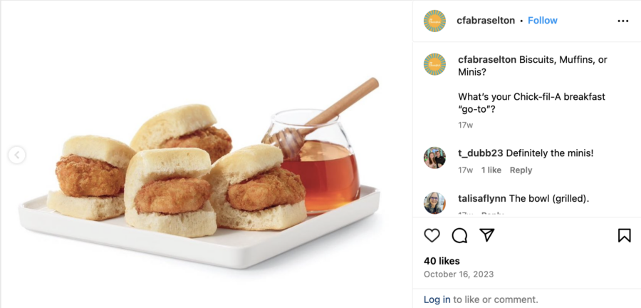 Instagram post showing Chick-fil-A breakfast food, by @cfabraselton