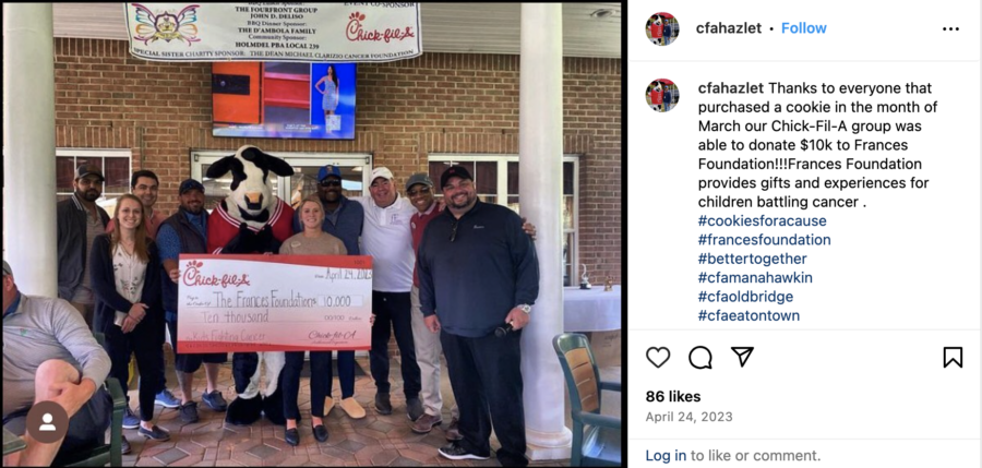 Instagram post showcasing Chick-fil-A's philanthropy, by @cfahazlet