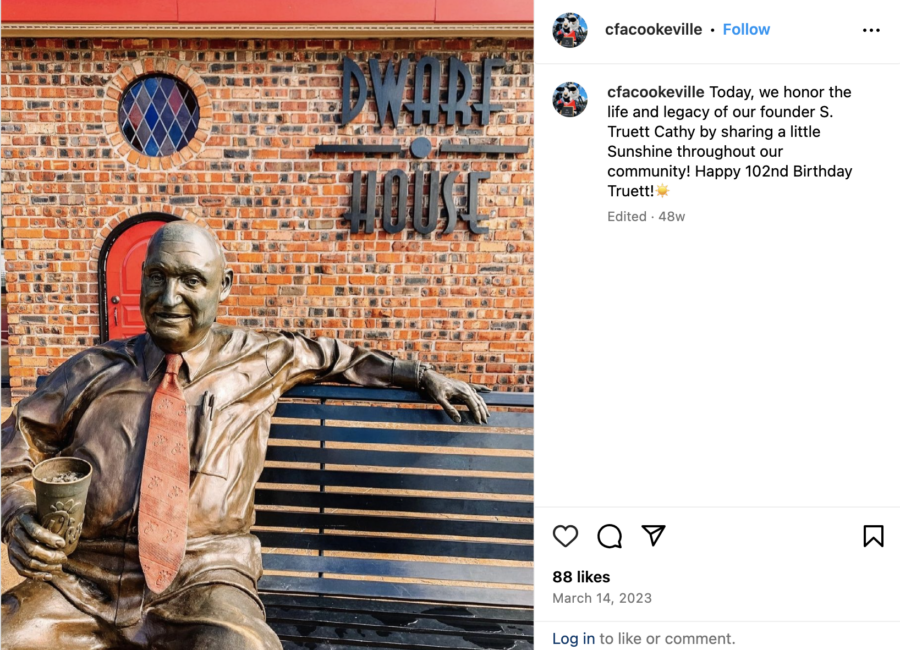 Instagram post showing a statue of Chick-fil-A's founder, S. Truett Cathy, by @cfacookeville