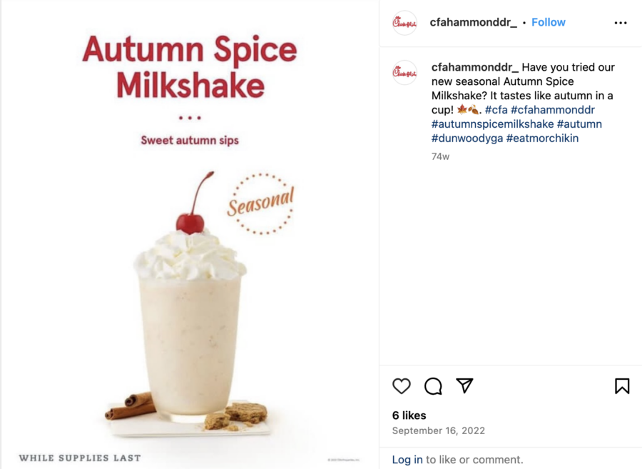 Instagram post showing Autumn Spice Milkshake, by @cfahammonddr_