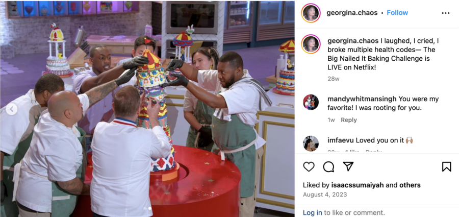 Screenshot of Instagram post by @georgina.chaos, showing her time on "The Big Nailed It Baking Challenge"