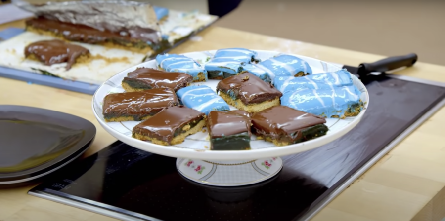 Brown and blue pastries. From a clip of "The Great British Baking Show"