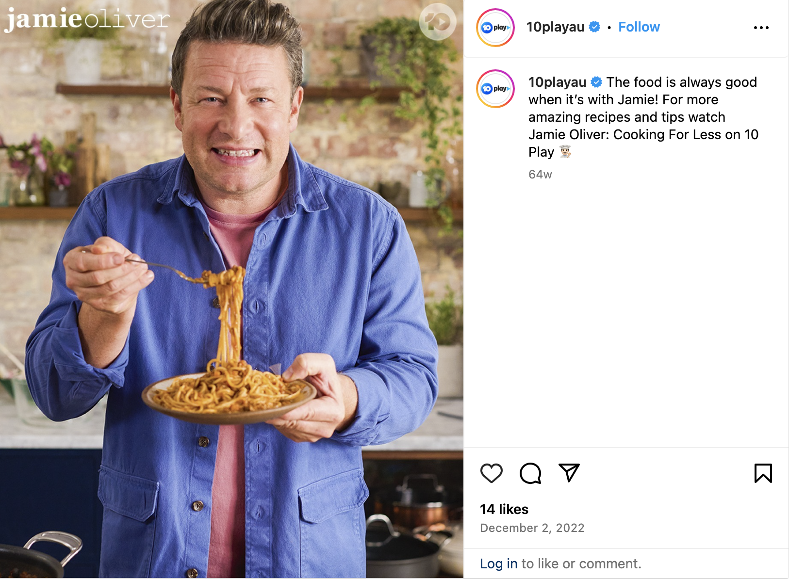 Picture of YouTuber Jamie Oliver with a bowl of pasta, posted on Instagram by @10playau
