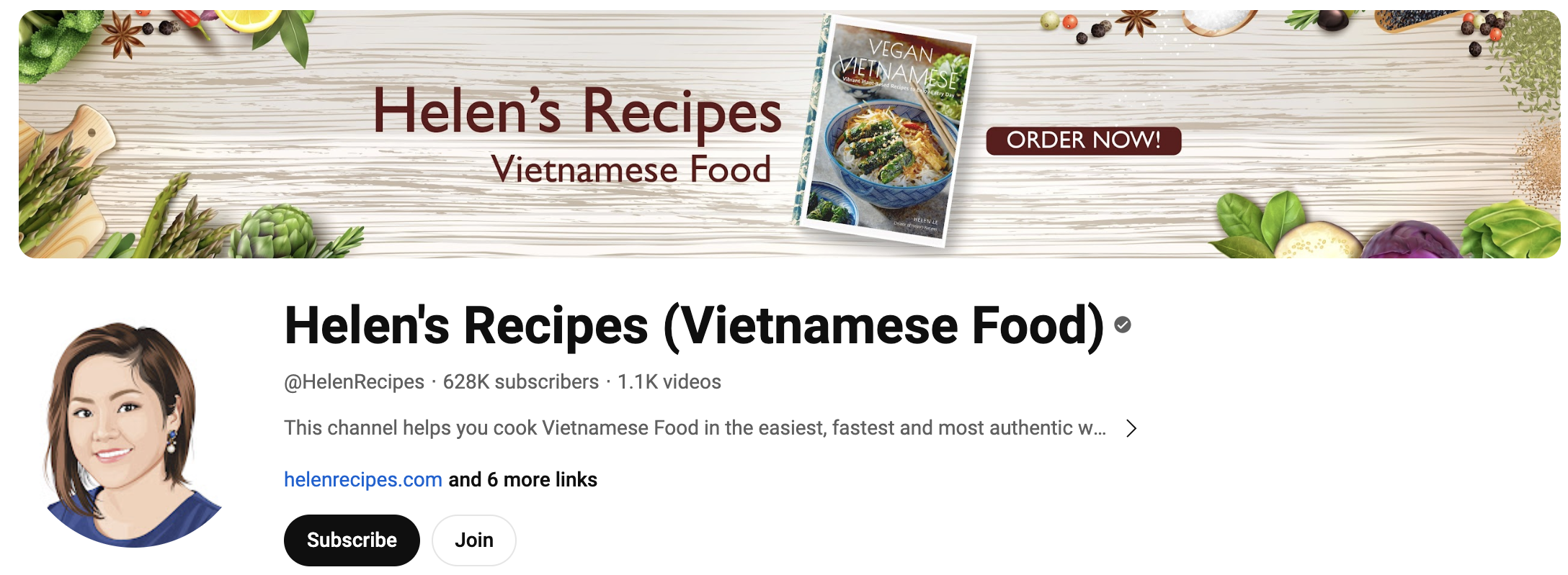 Screenshot of the homepage for Helen's Recipes YouTube channel