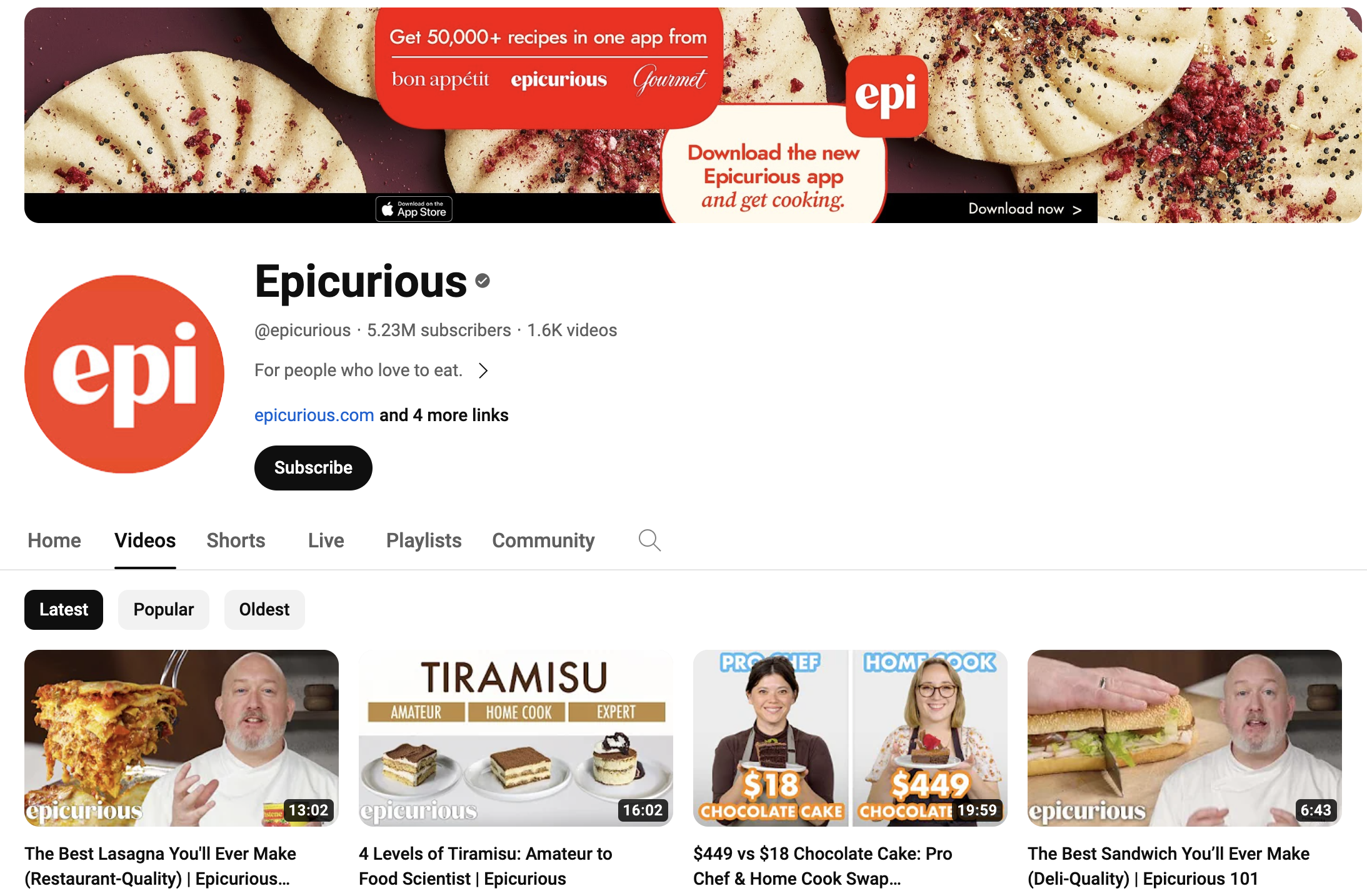 Screenshot of video page for YouTube cooking channel Epicurious