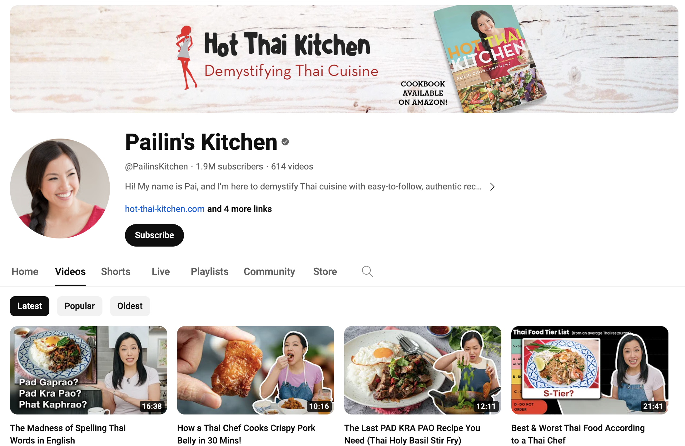 Screenshot of video page for YouTube cooking channel, Pailin's Kitchen