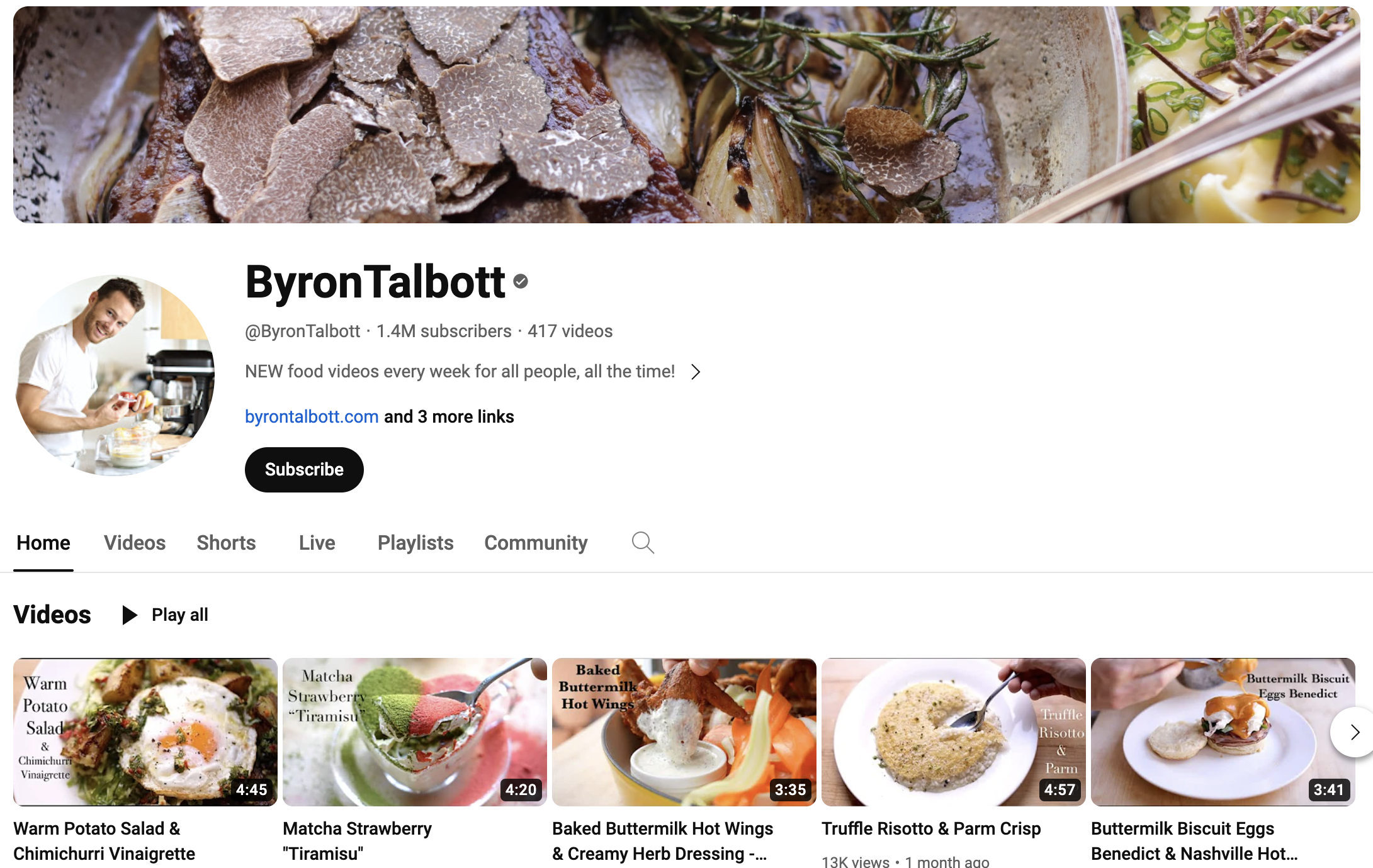 Screenshot of the home page for the YouTube cooking channel ByronTalbott