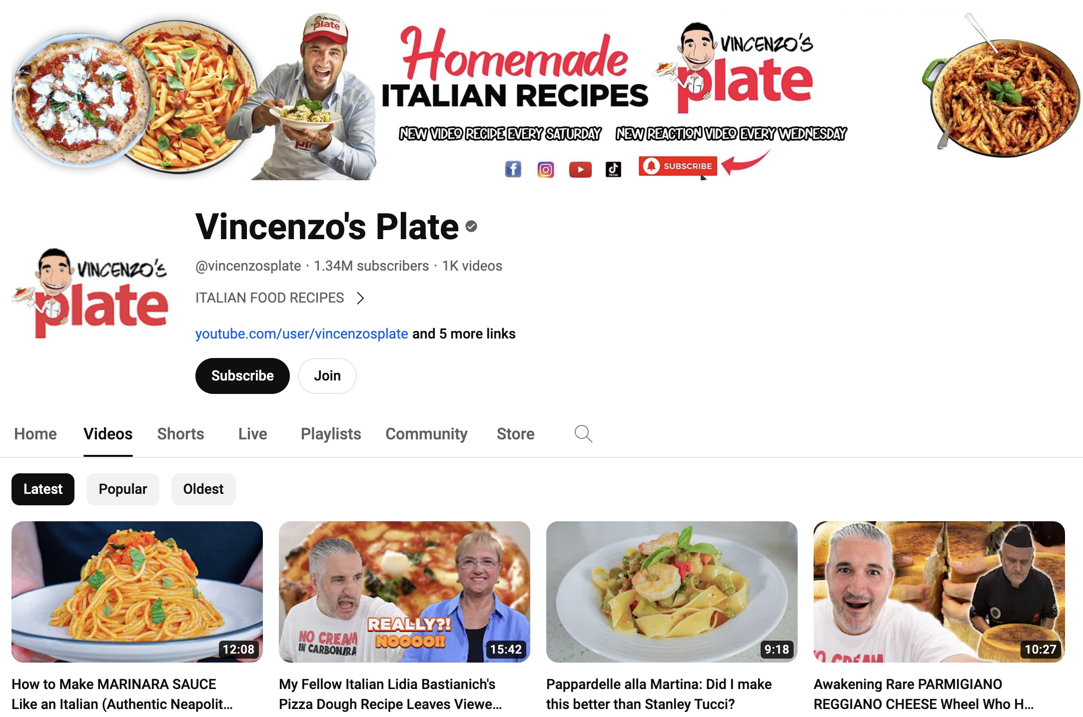 Screenshot of video page for YouTube cooking channel, Vincenzo's Plate