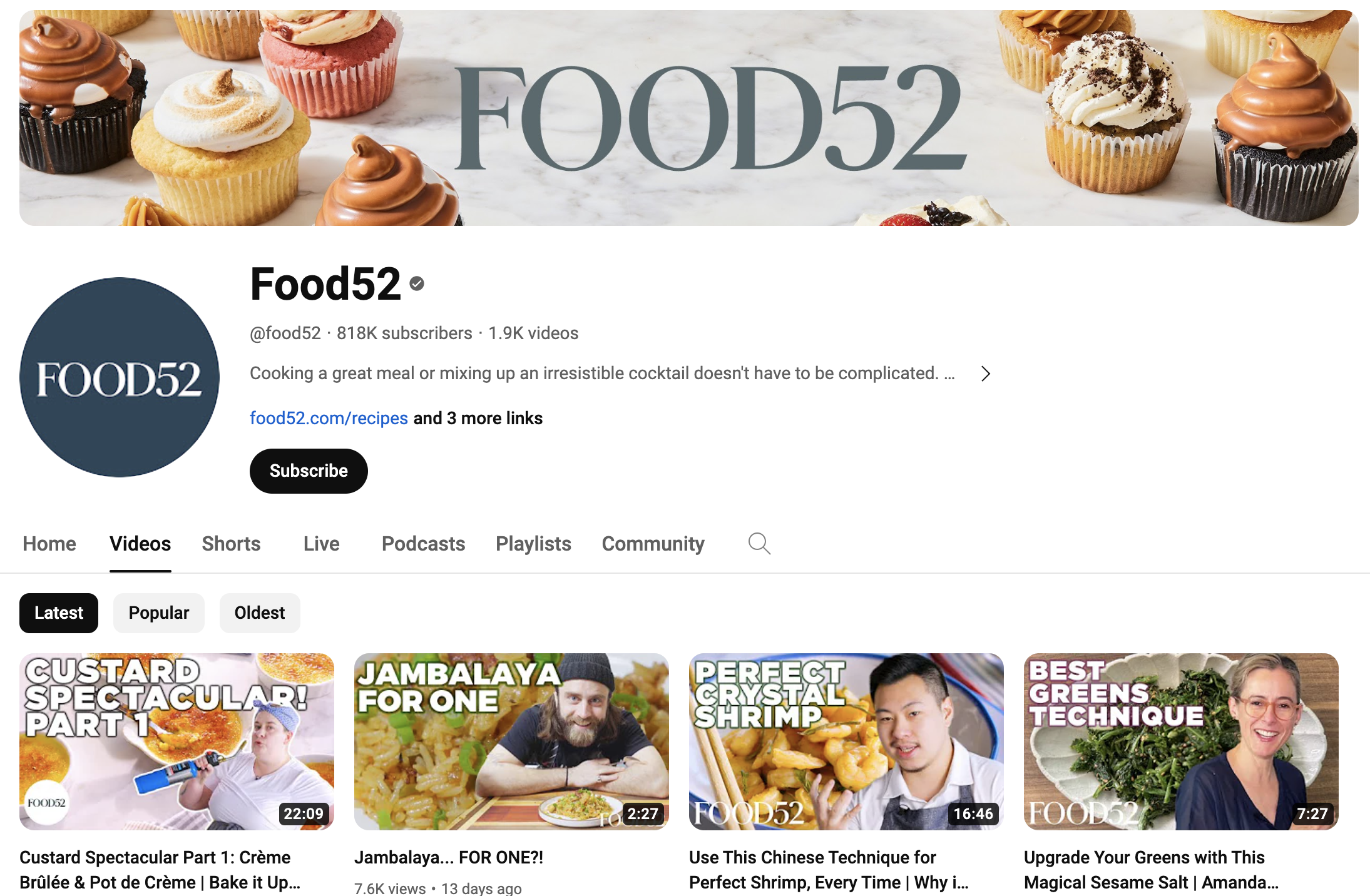Screenshot of video page for YouTube cooking channel Food52