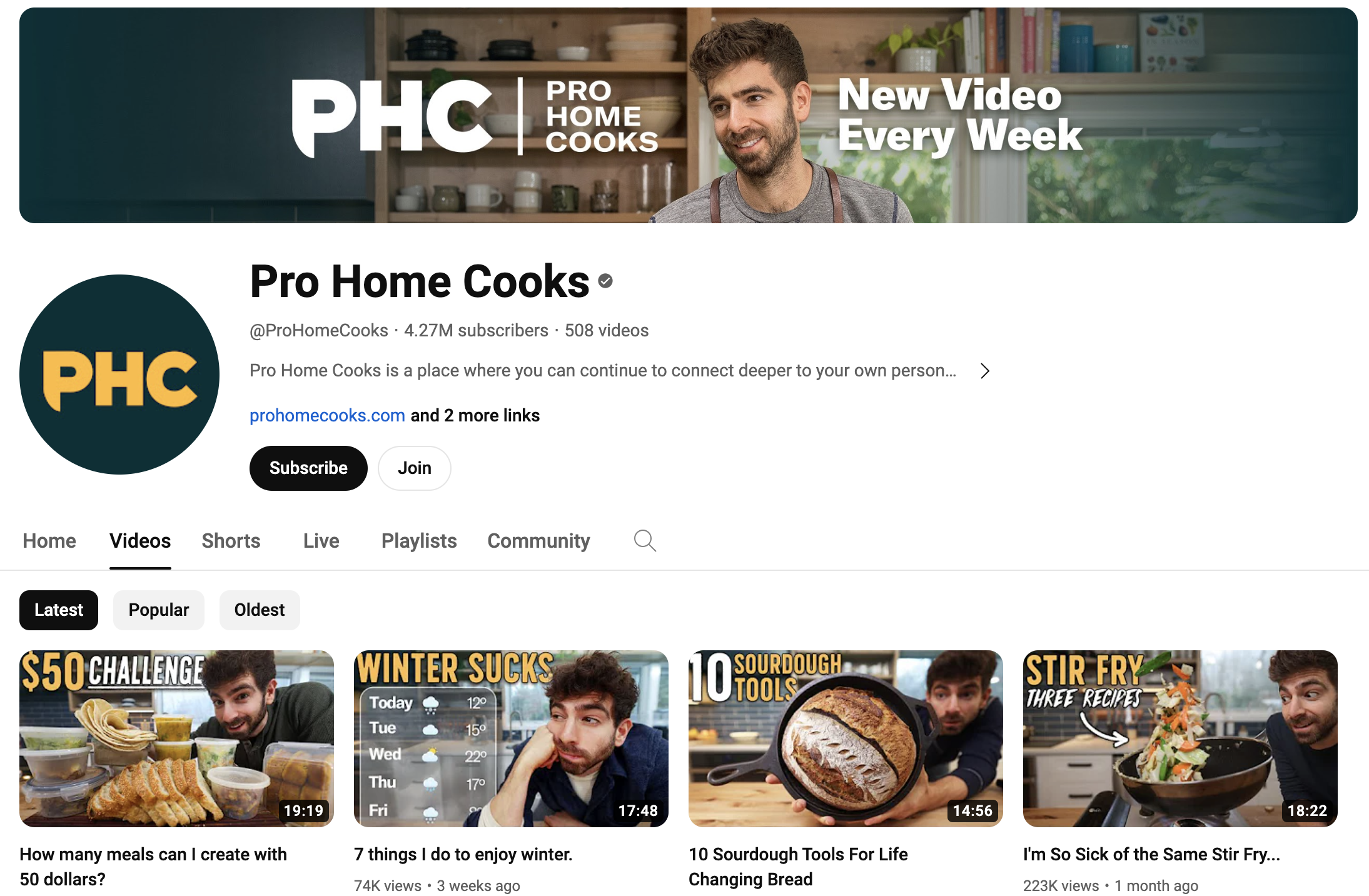 Screenshot of video page for YouTube cooking channel Pro Home Cooks