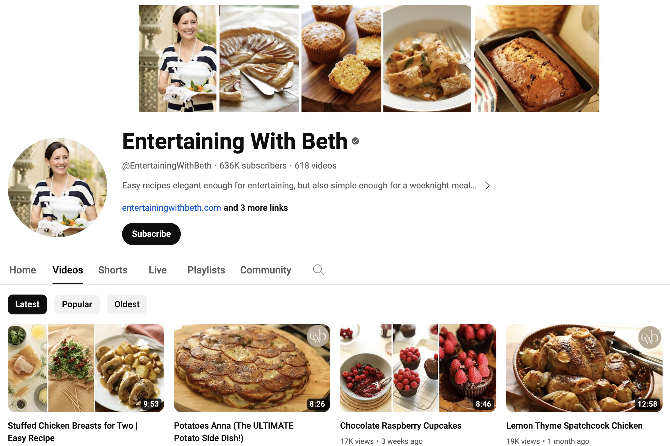 Screenshot of video page for YouTube cooking channel Entertaining Witj Beth