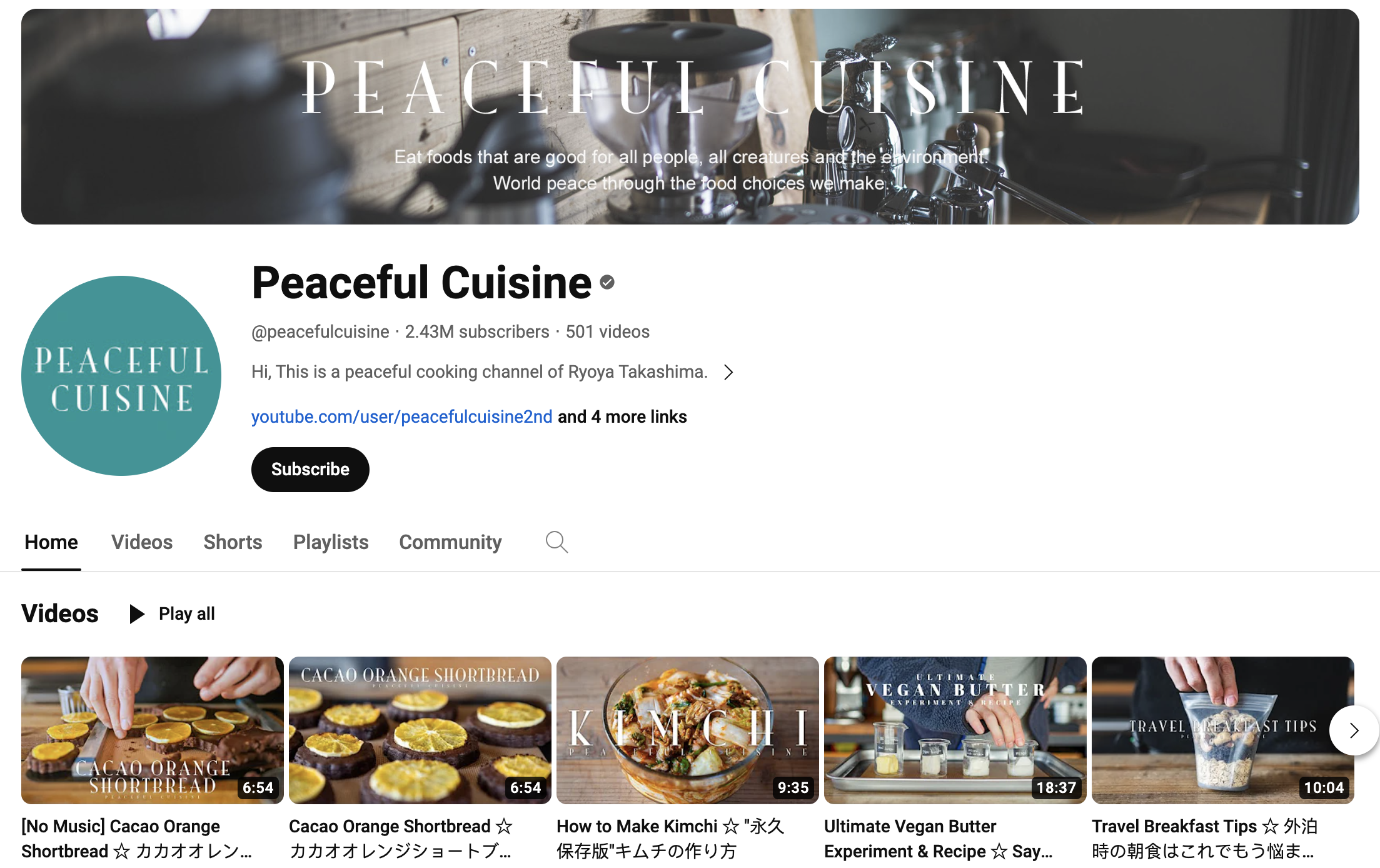 Screenshot of home page for YouTube cooking channel Peaceful Cuisine