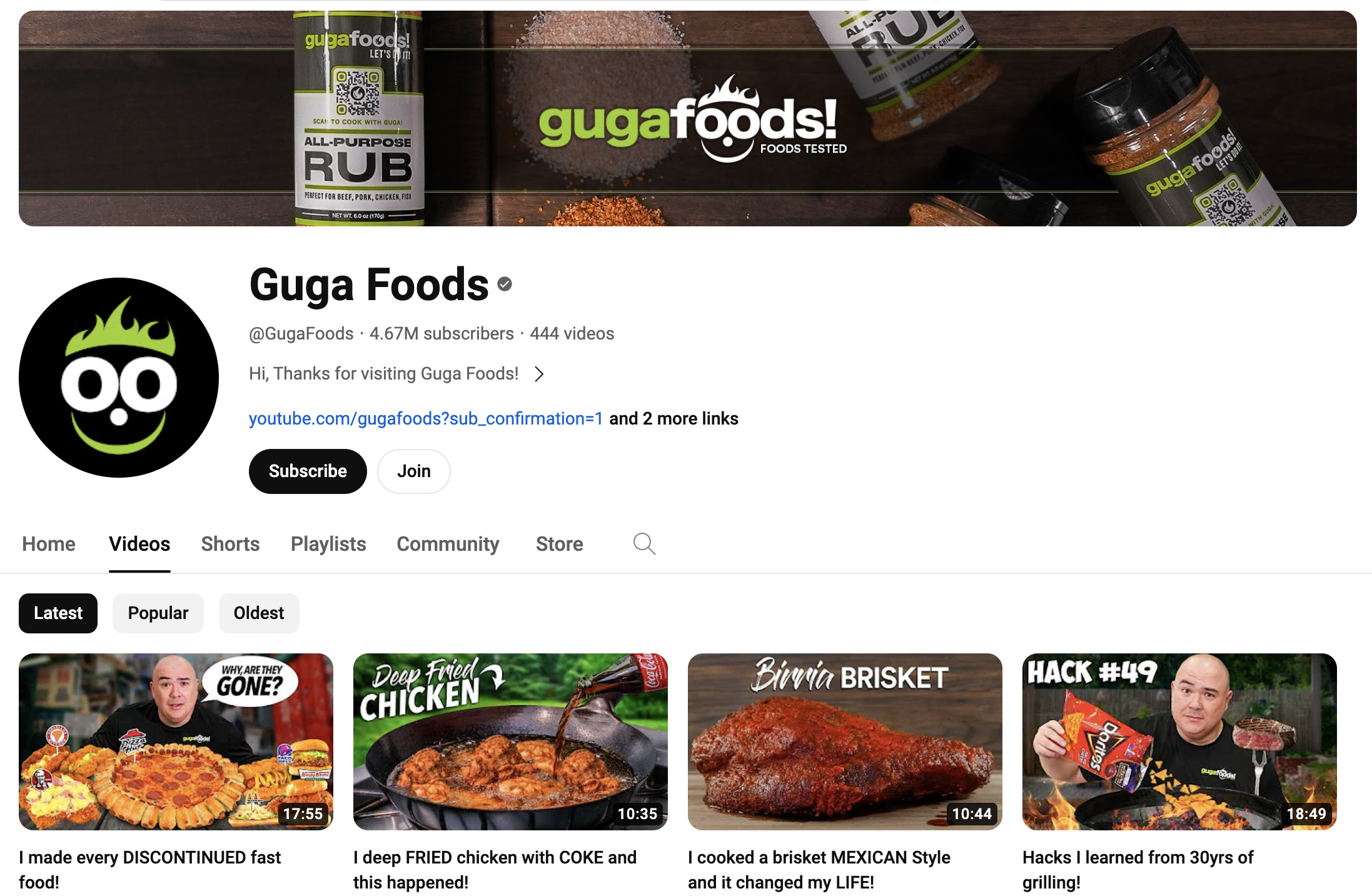 Screenshot of the video page for the YouTube cooking channel Guga Foods