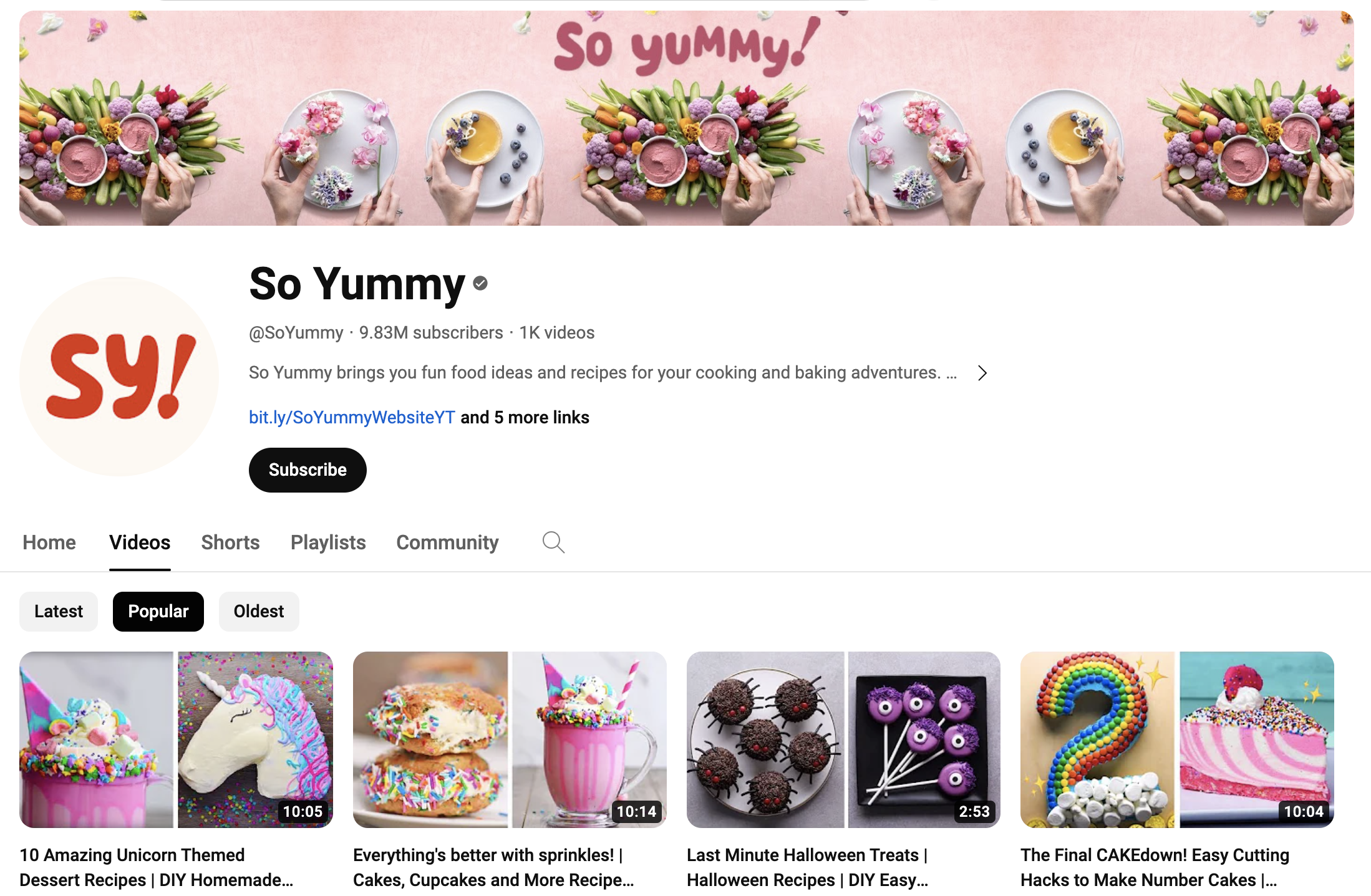 Screenshot of So Yummy's YouTube channel