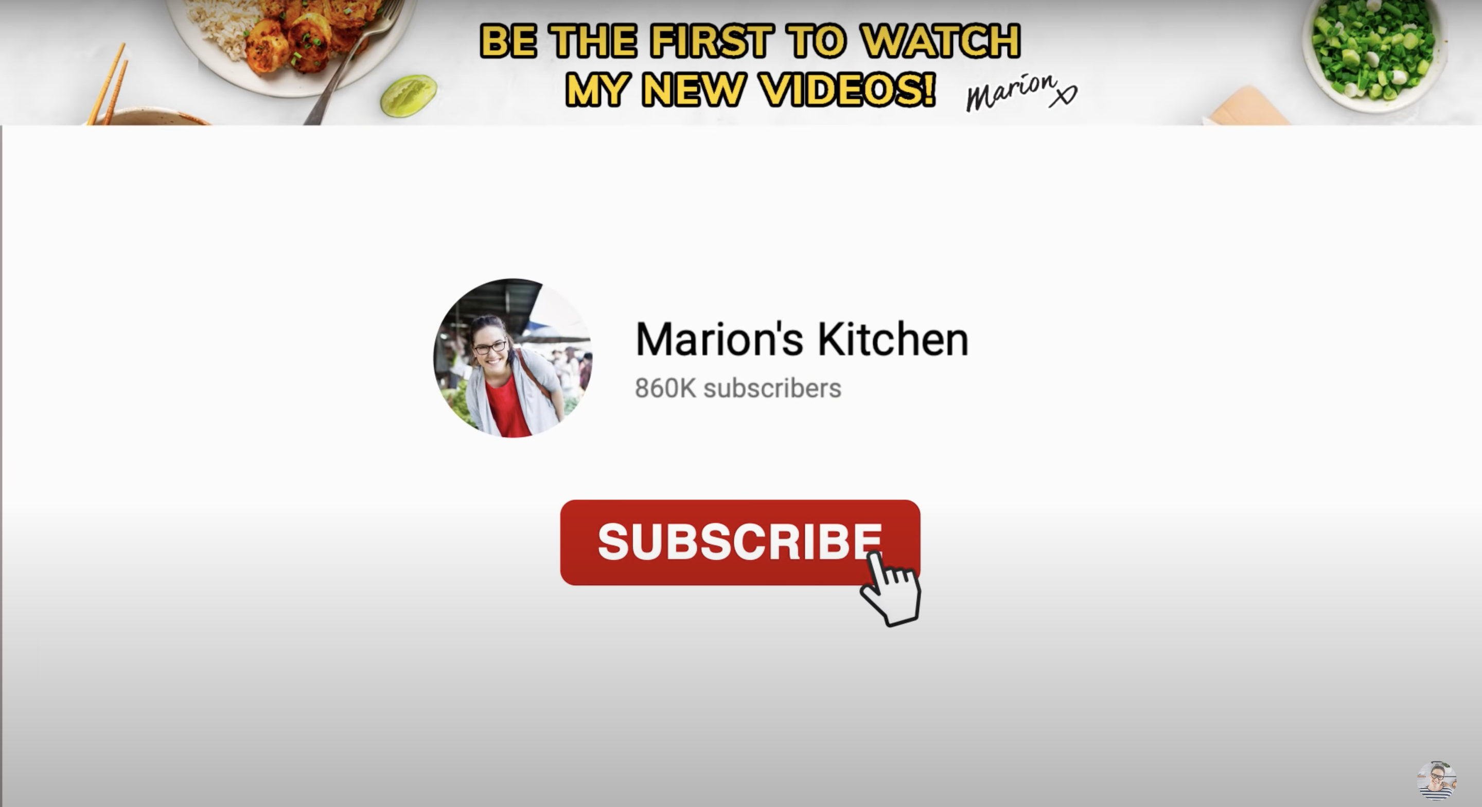 Mouse hovering over "subscribe" icon for Marion's Kitchen YouTube channel, from YouTube video "What's My Marion's Kitchen Channel All About?"