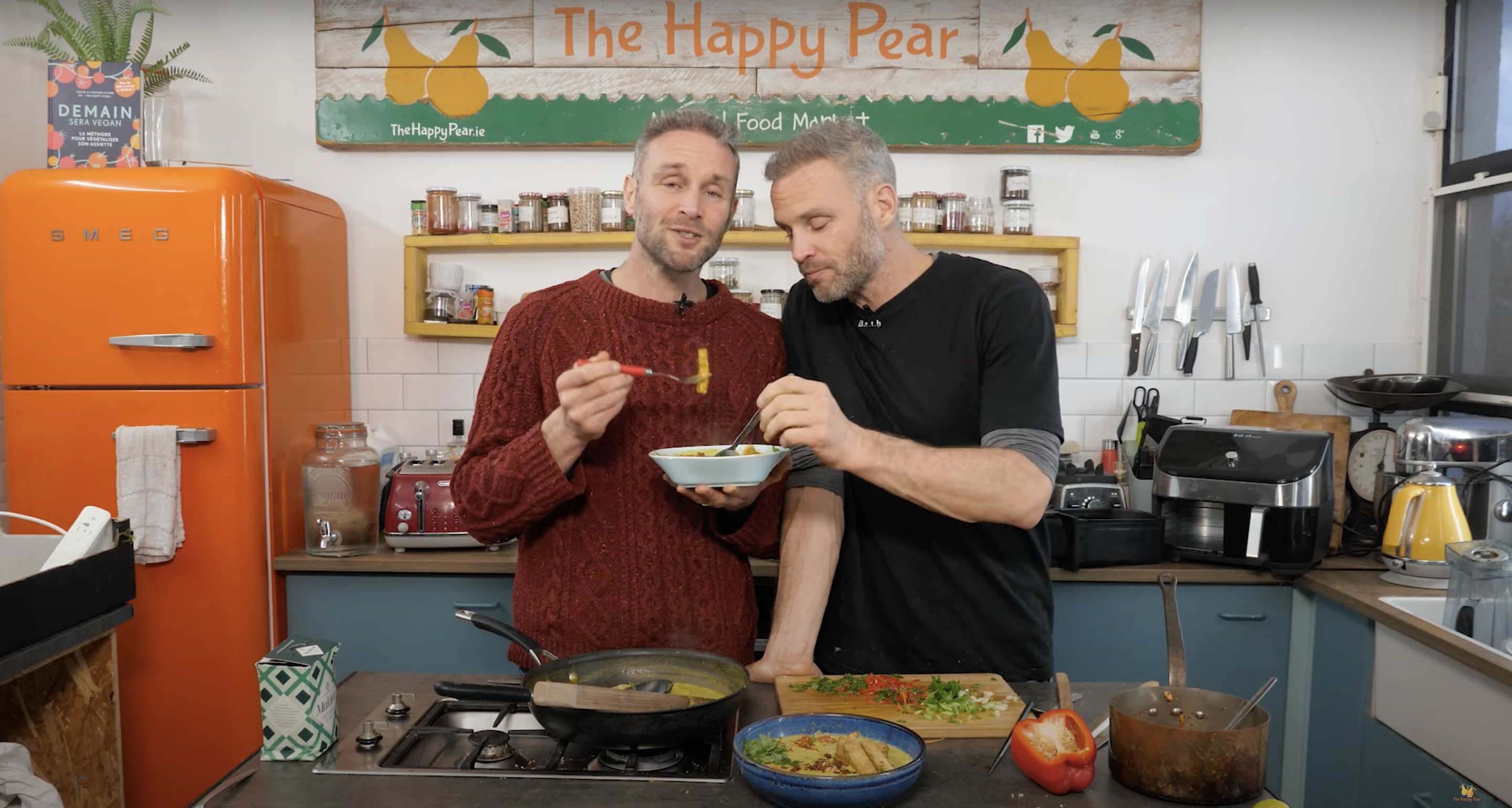 Image of David and Stephen Flynn, co-hosts of The Happy Pear, from YouTube video "EASY VEGAN THAI NOODLE SOUP with an EPIC PEANUT RAYU"