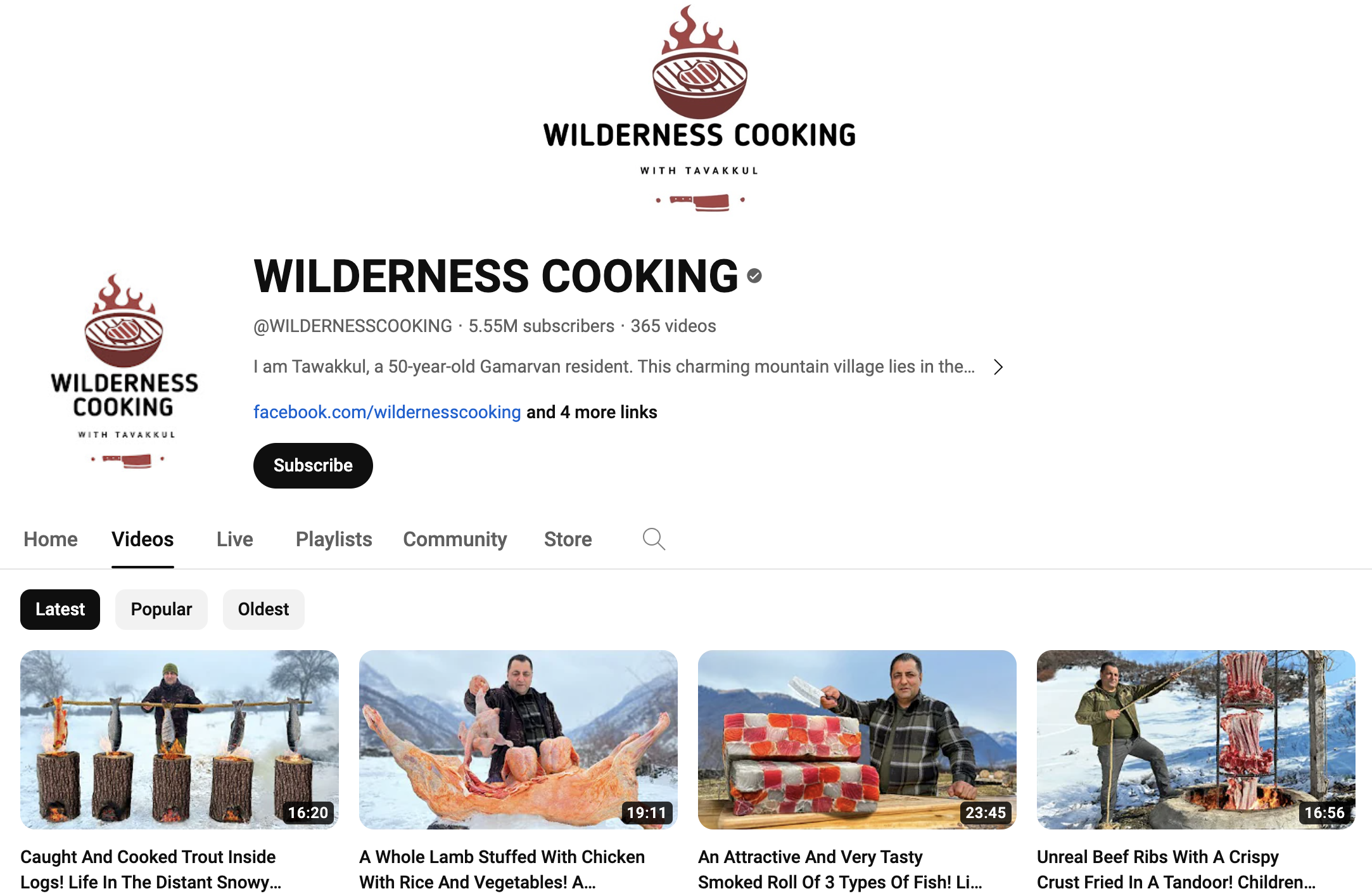 Screenshot of video page for YouTube cooking channel Wilderness Cooking