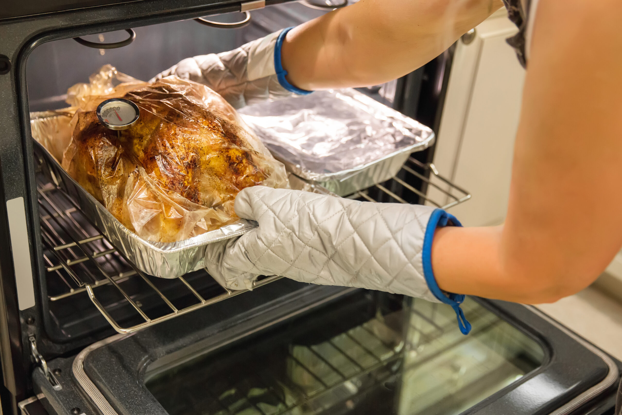 A woman is removing a roasted turkey in a cooking bag from the oven with a thermometer to tell her the turkey is cooked to the right temperature. rr