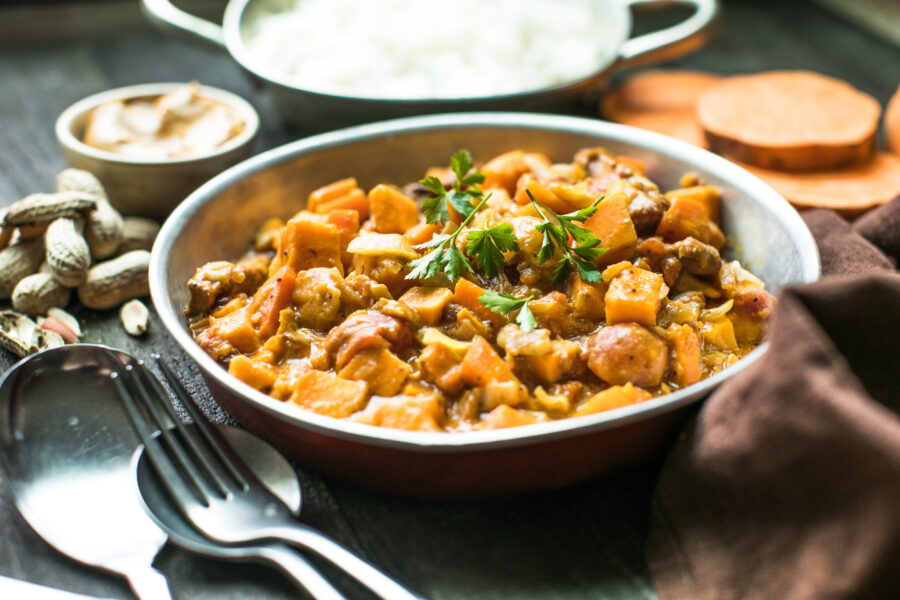 African chicken peanut stew with sweet potatoes  with side of basmati rice