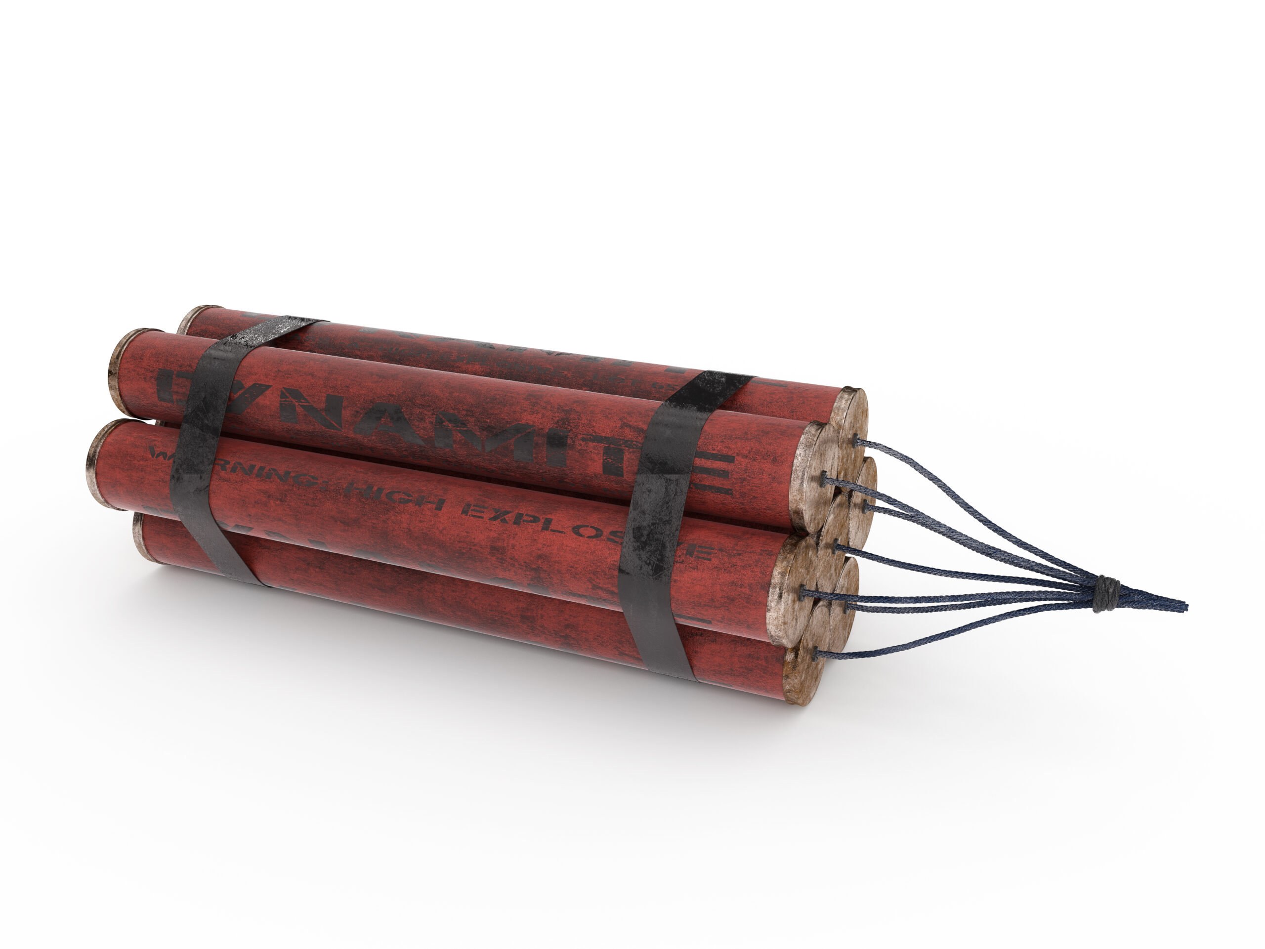 Aged dynamite sticks wrapped together with fuse isolated on white background.