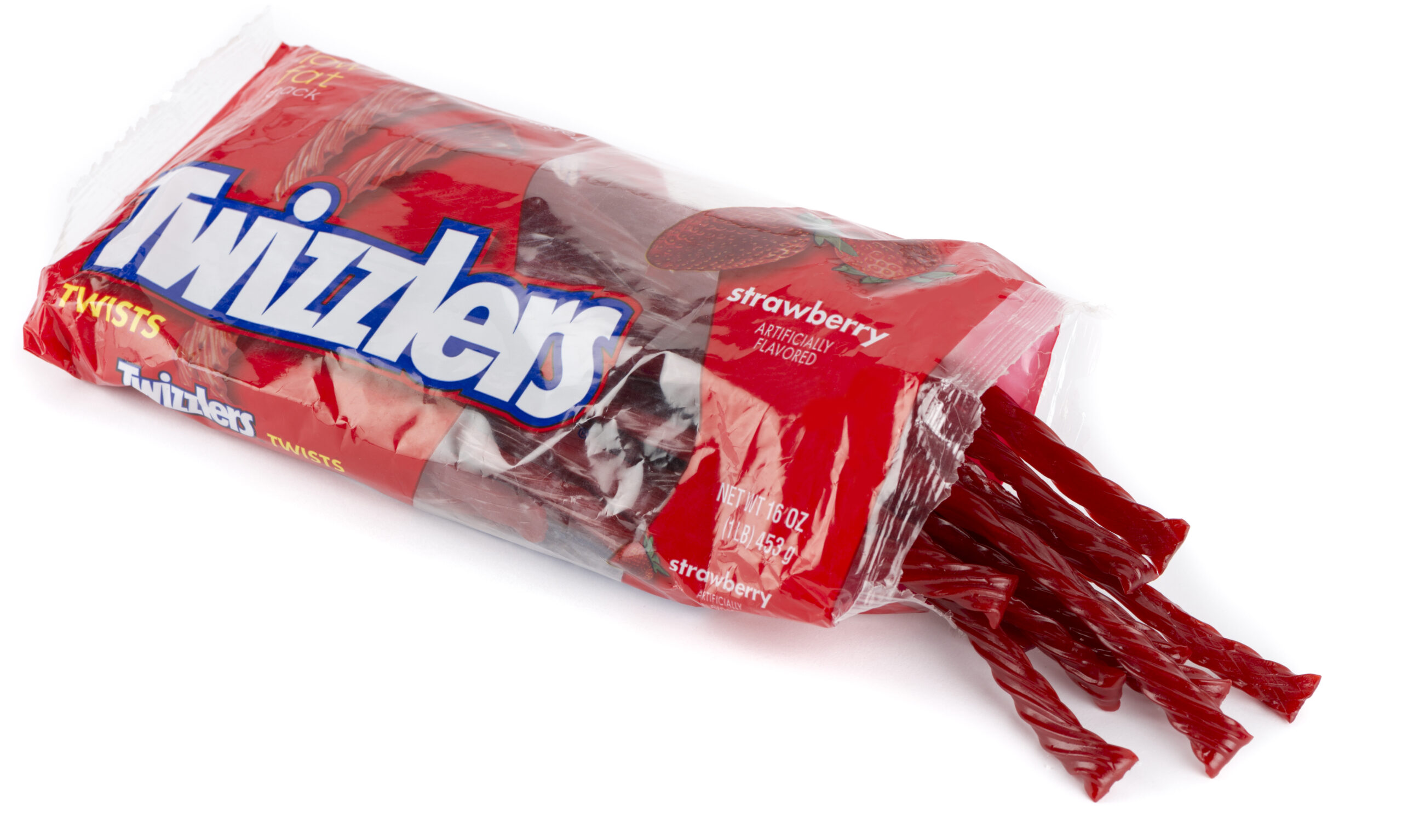 Ankara, Turkey - January 12, 2014: Studio shot of pack of strawberry Twizzlers isolated on white background. Twizzlers is a brand of candy in the United States and Canada, produced in Lancaster, Pennsylvania, now a subsidiary of The Hershey Company.