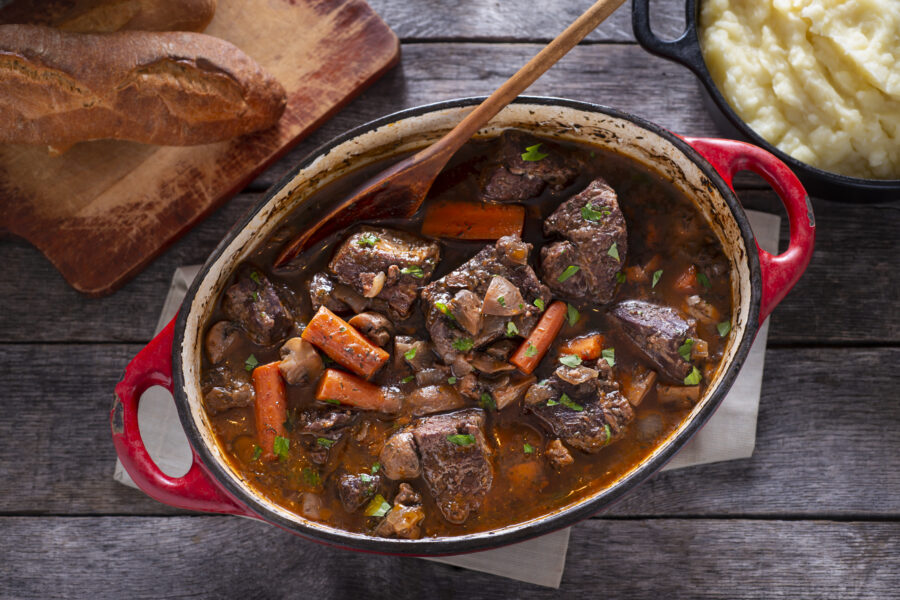 Beef Bourguignon in an Enameled Cast Iron Dutch Oven