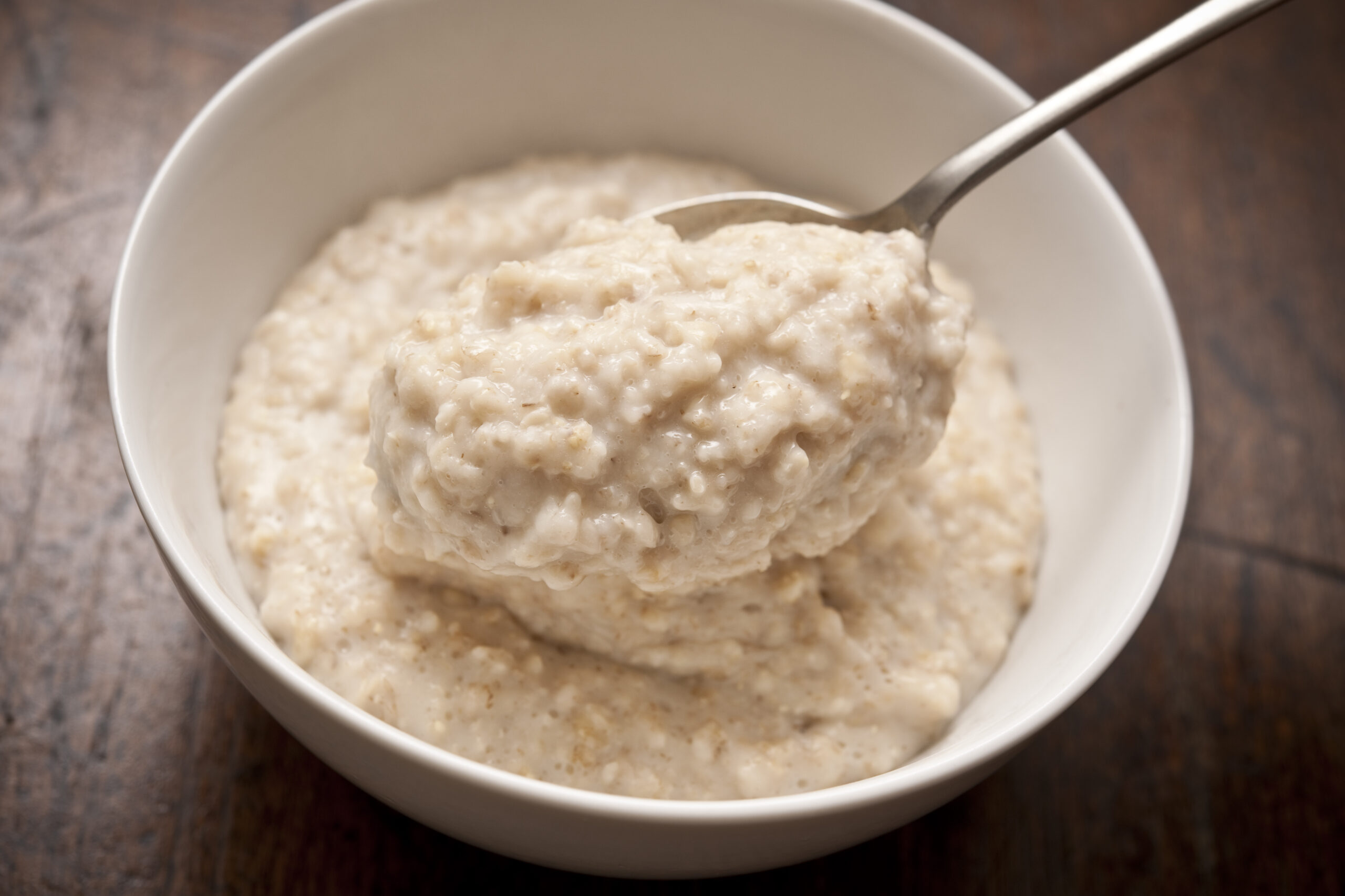 bowl of Oatmeal from above with spoon.