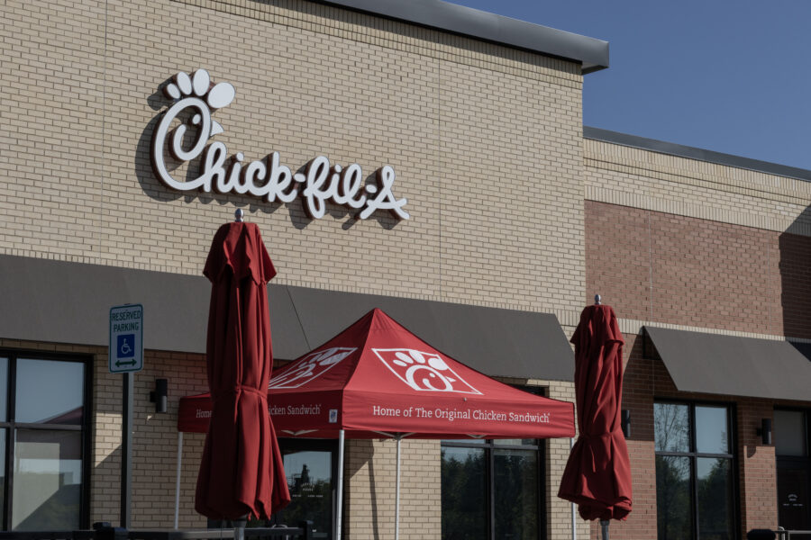 front of a Chick-fil-A chicken restaurant. 