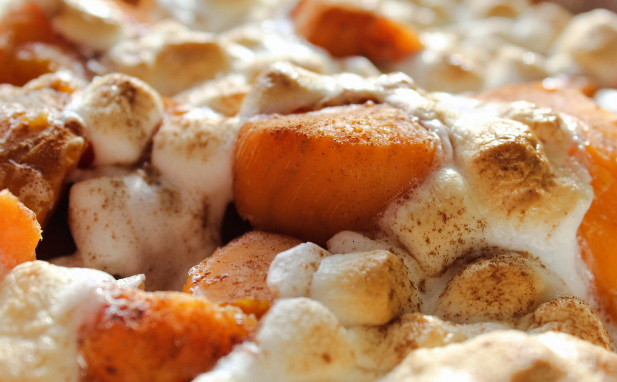 Close up of sweet potatoes with cinnamon and marshmallows