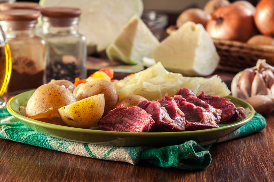 Corned beef and cabbage with potatoes and carrots on St Patrick's Day