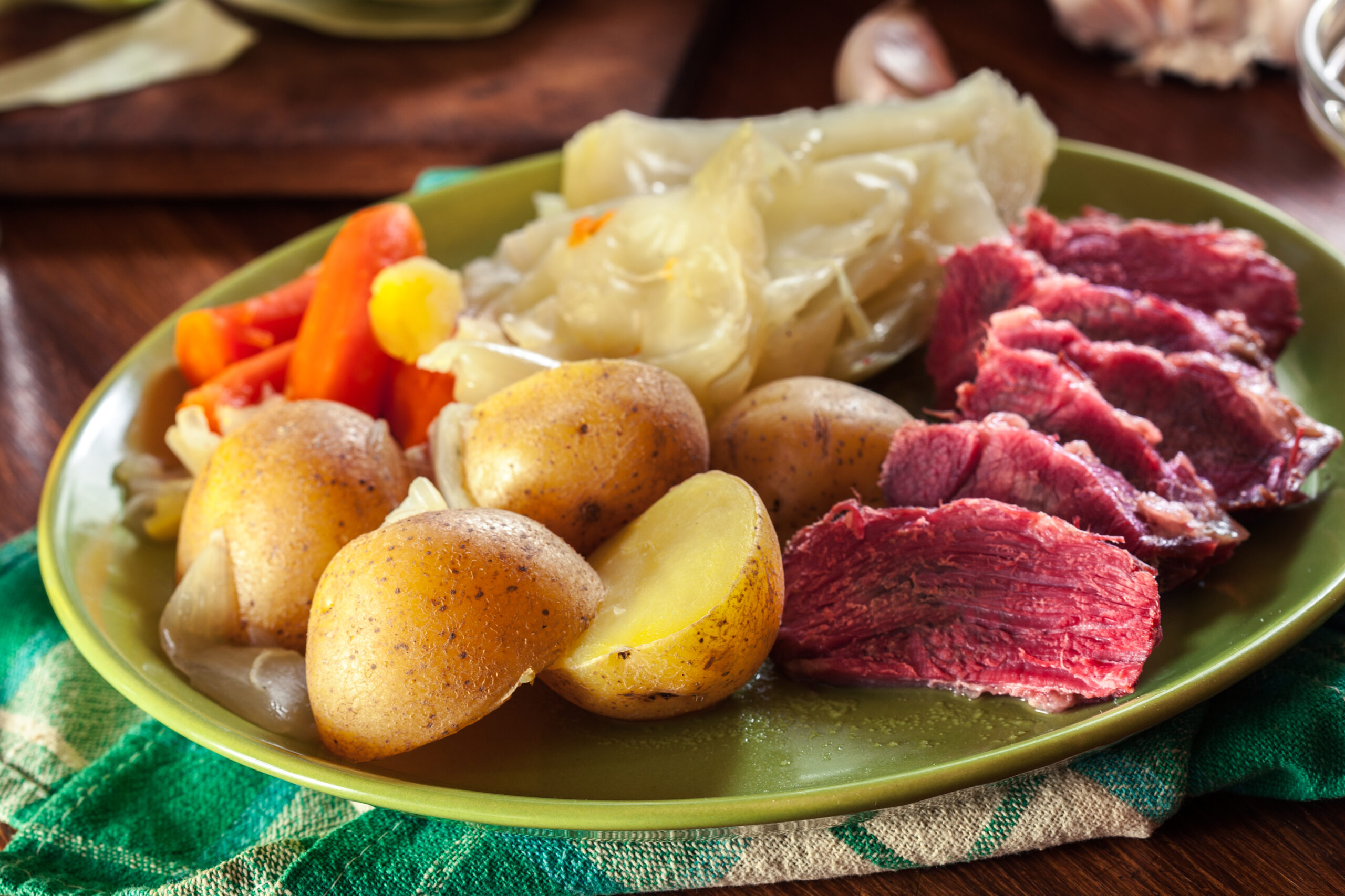 Corned beef and cabbage with potatoes and carrots on St Patrick's Day