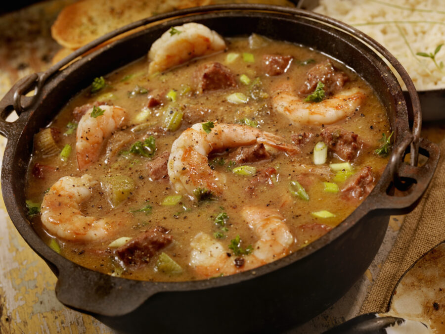 Creole Style Shrimp and Sausage Gumbo with white rice and French bread- Photographed on Hasselblad H3D2-39mb Camera