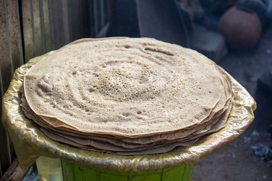 Freshly made injera, a flatbread made from teff flour is a staple of Ethiopian cuisine.