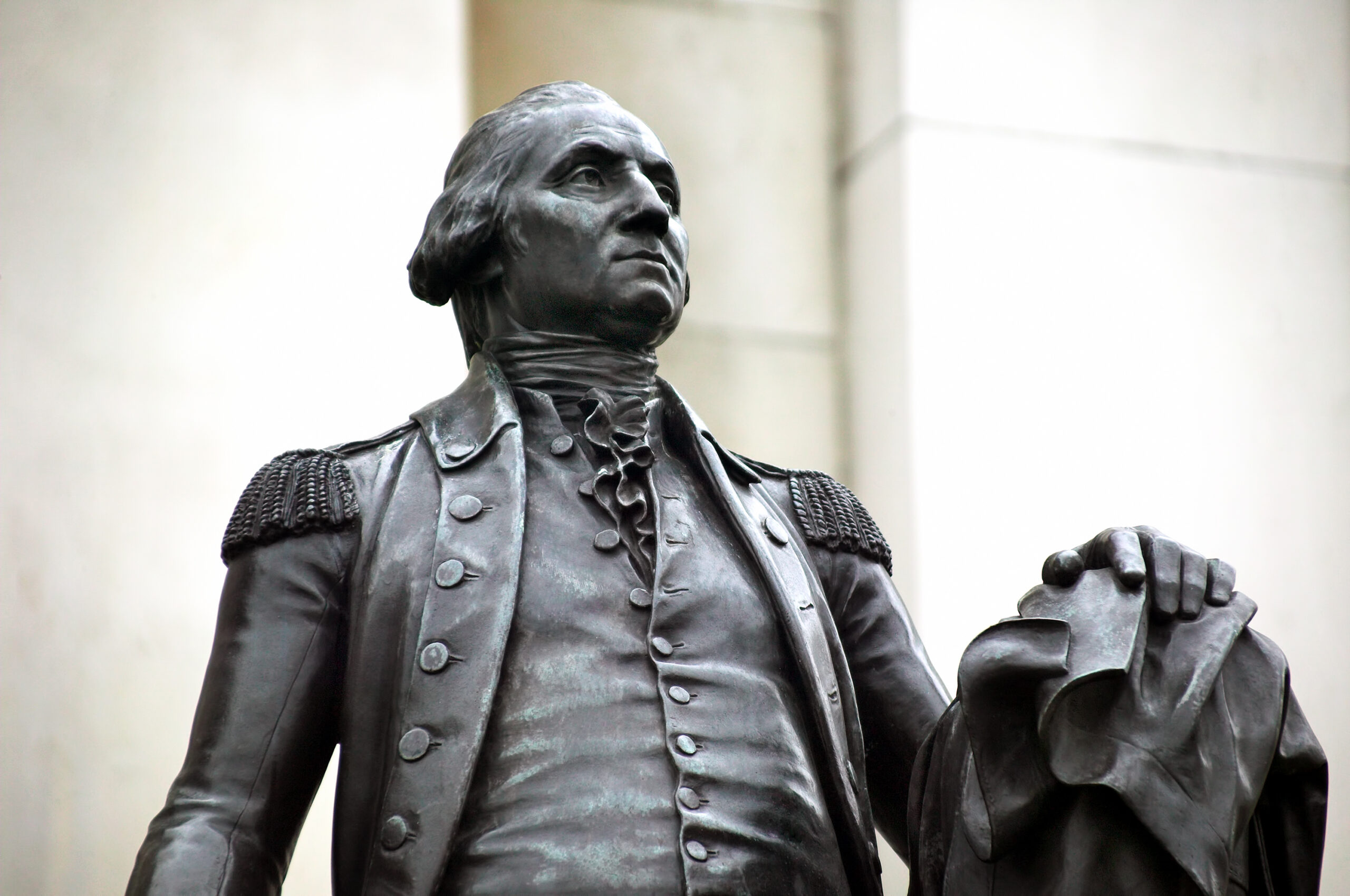 George Washington statue erected outside The National Gallery in Trafalgar Square, London, England, UK, presented by ‘The Commonwealth Of Virginia’ in 1921, this is a duplicate, the original being in Richmond Virginia