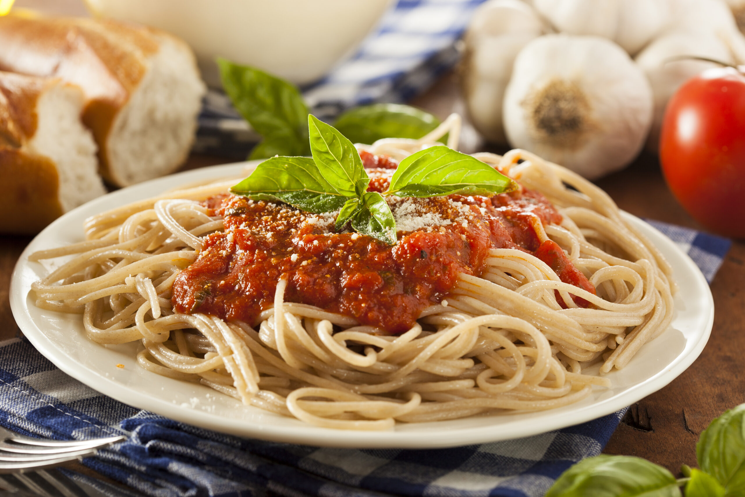 Homemade Spaghetti with Marinara Sauce and Basil