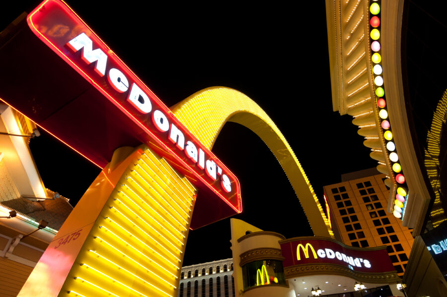 McDonald's restaurant and marquee neon sign on the Strip in Las Vegas. 