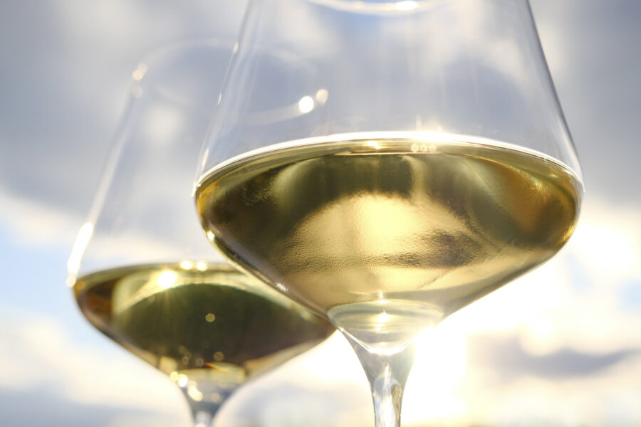 Moments of pleasure at sunset. Two fine white wine glasses in close-up. Wine tasting at the vintner's.