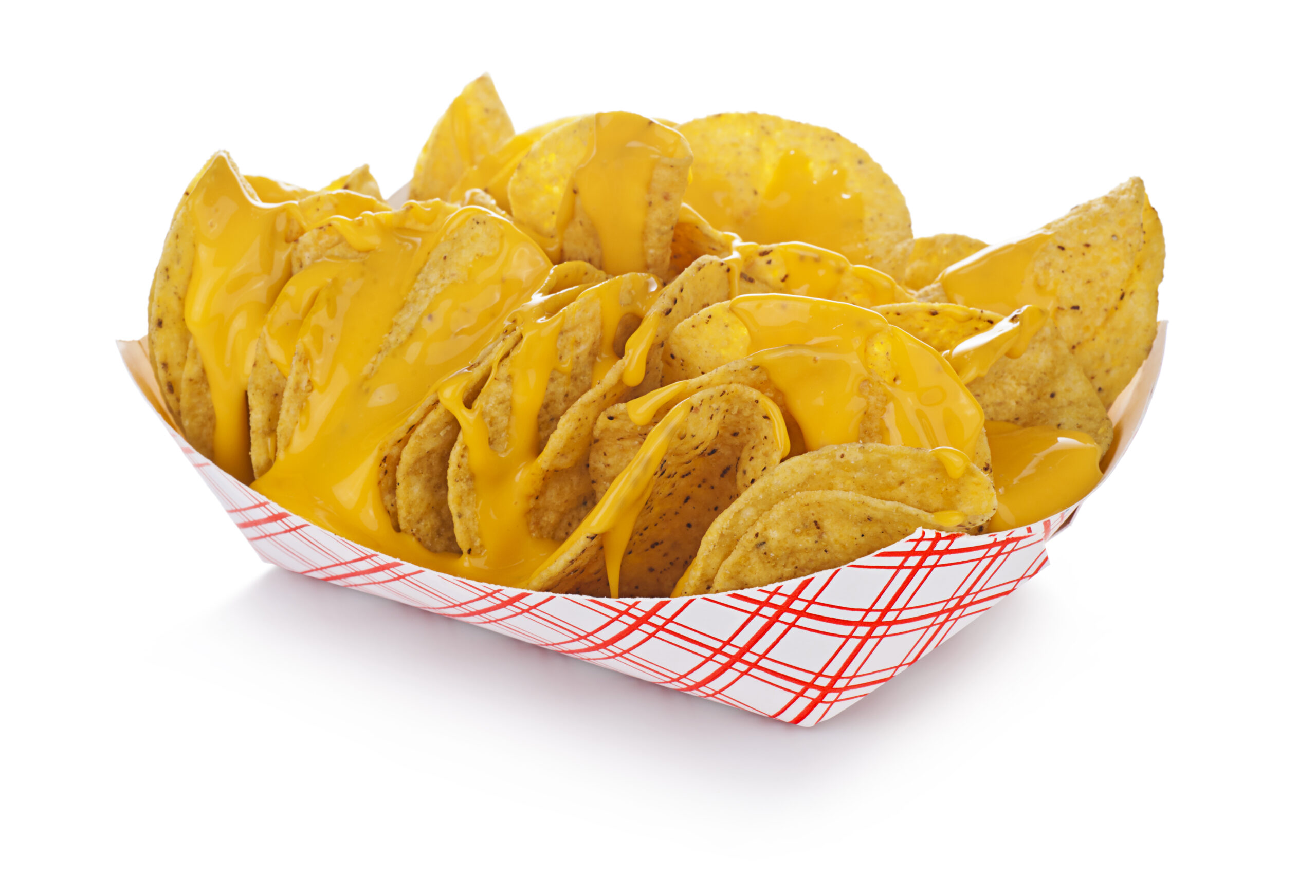 Nachos with just cheese, in a standard restaurant paper tray.