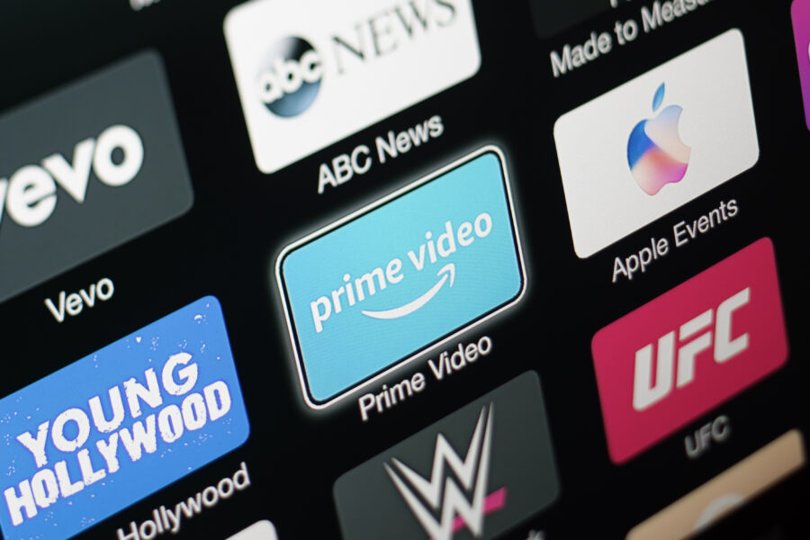 A TV showing media-centric apps (Prime Video, Vevo, Young Hollywood, abc news, etc)