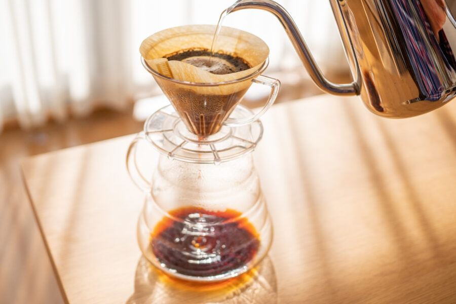 Pour over coffee brewing in living room