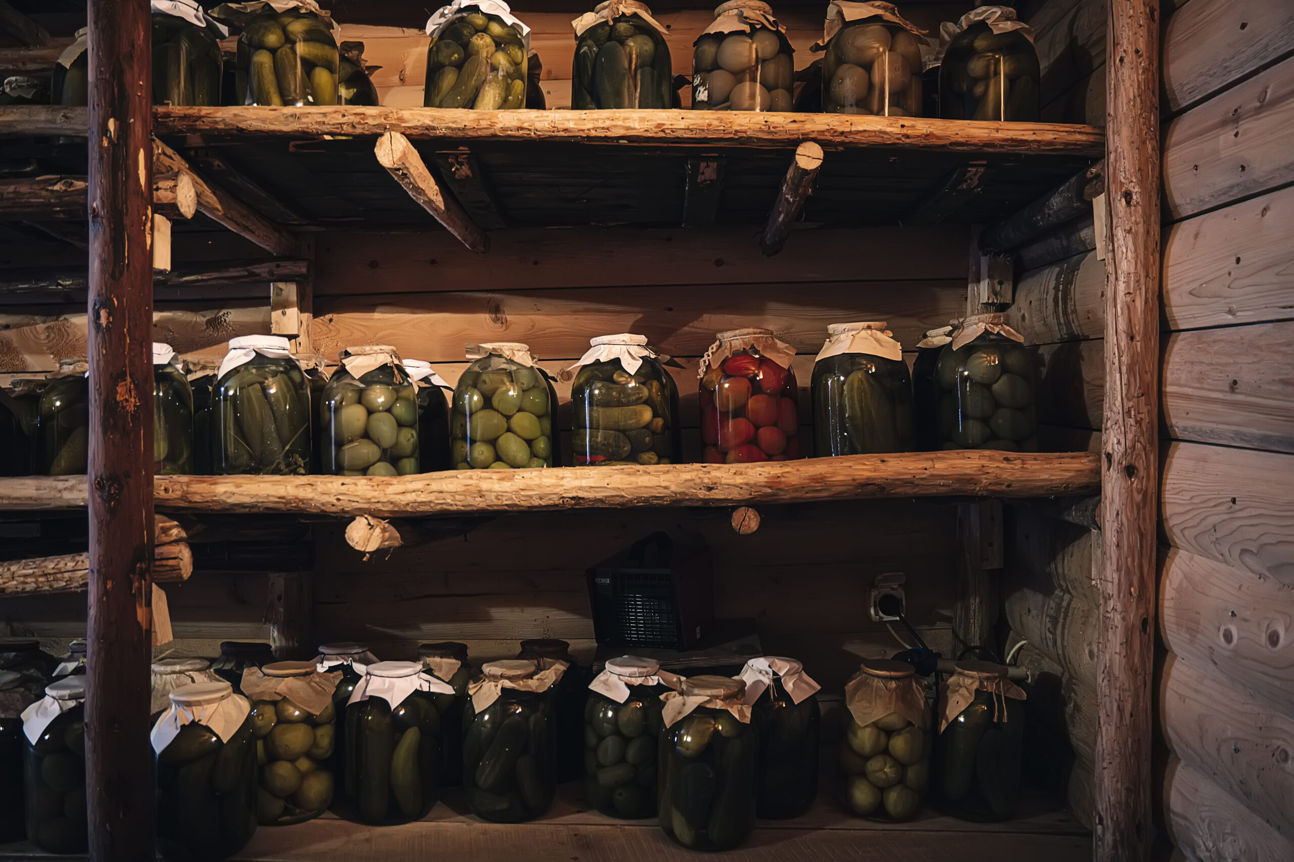 Preservation of vegetables in a warm cellar for the winter period. Glass jars with pickled cucumbers on the shelf.