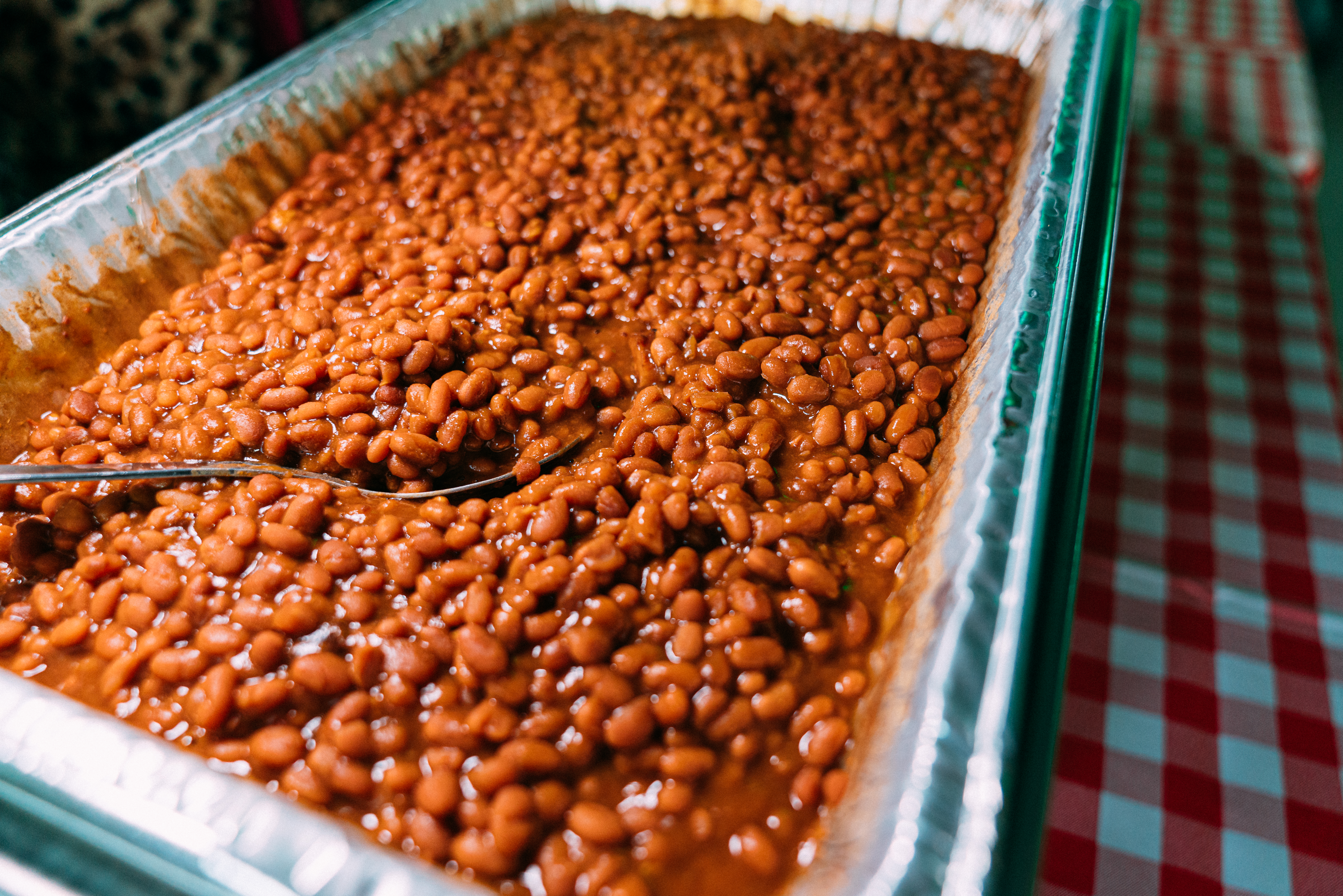 Professional BBQ Meal Catering for 200-person event in the Southern USA. Self-served on a red & white checkered gingham tablecloth.